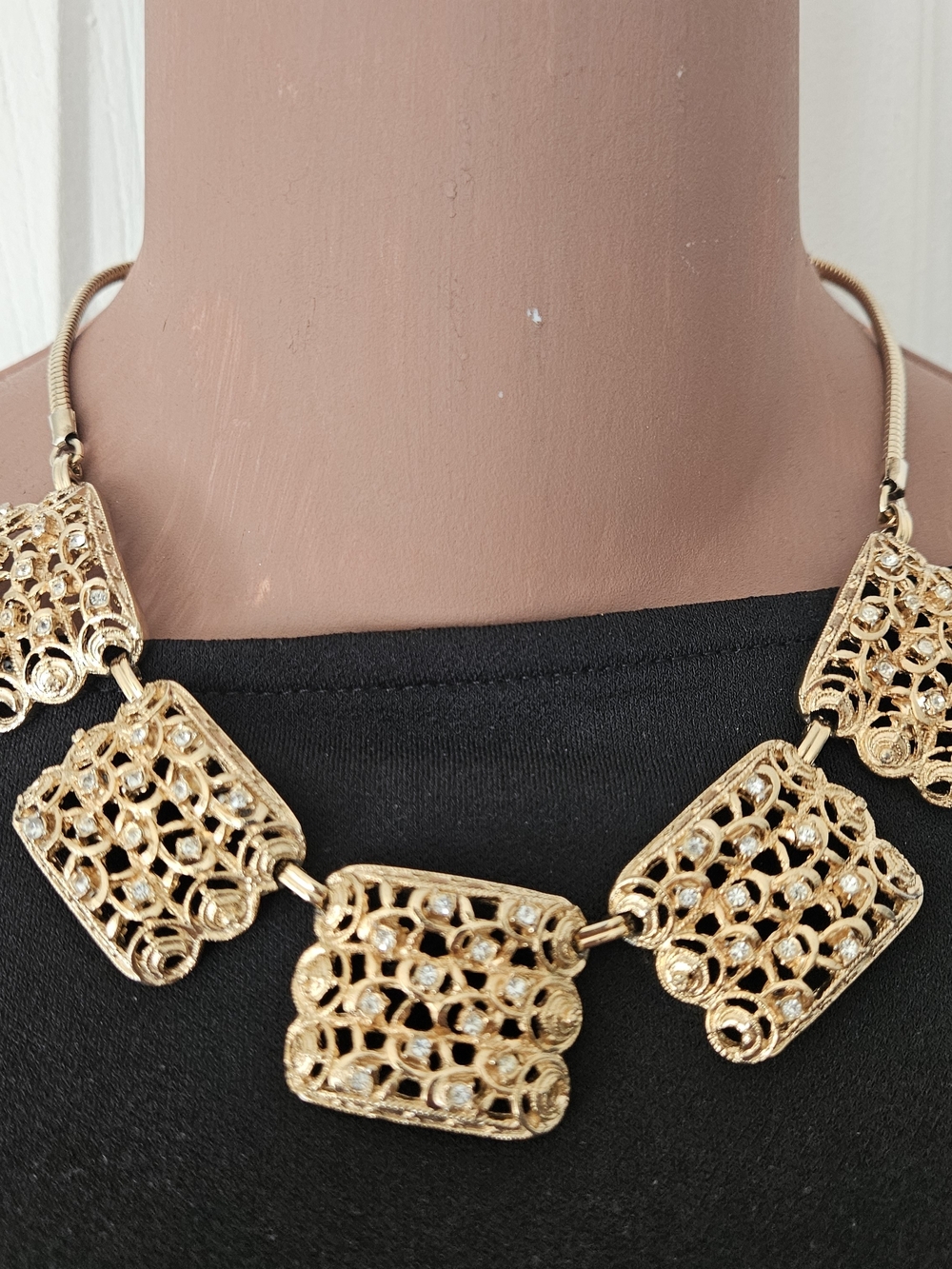 Hobe Gold Filigree Square Panel Necklace with Crystal Highlights